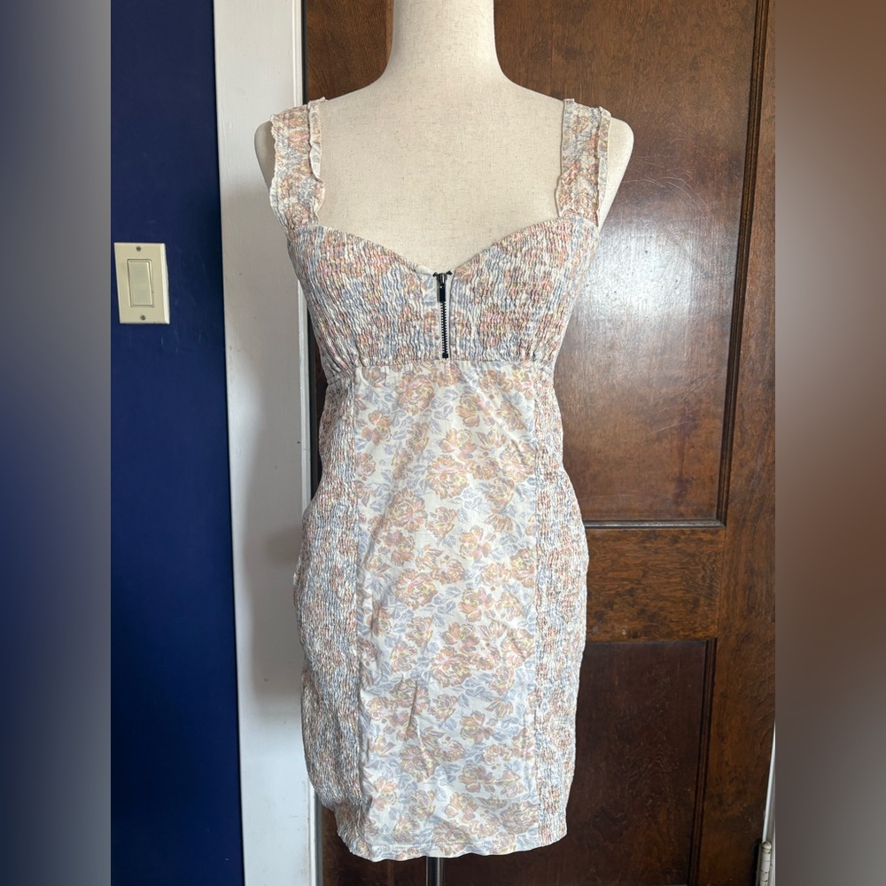 Intimately Free People Floral Smocked Bodycon Slip Mini Dress Sundress Zip Front
